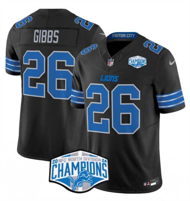Men%27s Detroit Lions #26 Jahmyr Gibbs Black 2024 NFC North Champions F.U.S.E. Vapor Limited Stitched Jersey